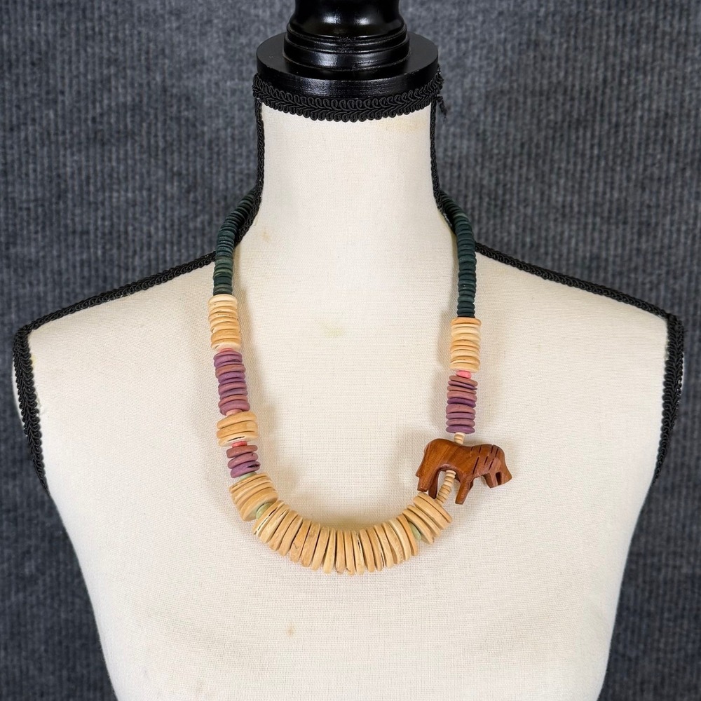 Vintage 70s Boho Disc Bead Necklace Carved Wood Dog Pendant Hippie Folk Artisan